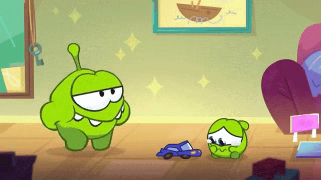 a cartoon character is standing next to a blue toy car