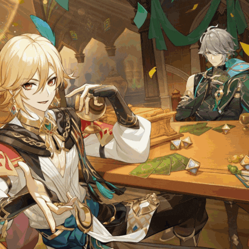 two anime characters are sitting at a table with cards
