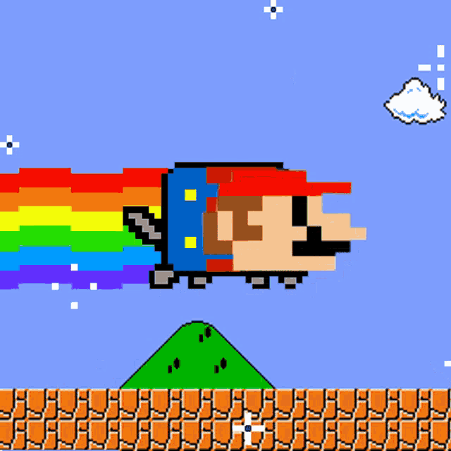 a pixel art of mario flying through the air with a rainbow coming out of his mouth