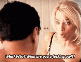 a man and a woman are looking at each other and the woman is saying who who what are you a fucking owl ?