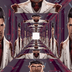 a man in a white suit and tie is standing in a purple tunnel