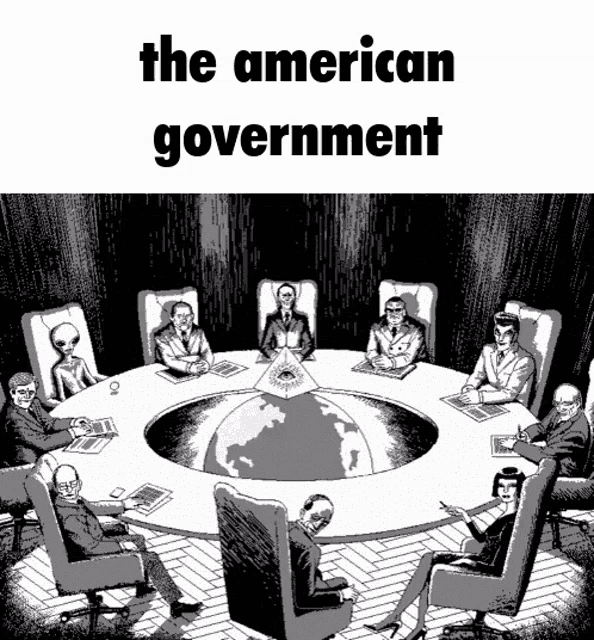 a black and white drawing of a group of people sitting around a round table with the words " the american government " at the top