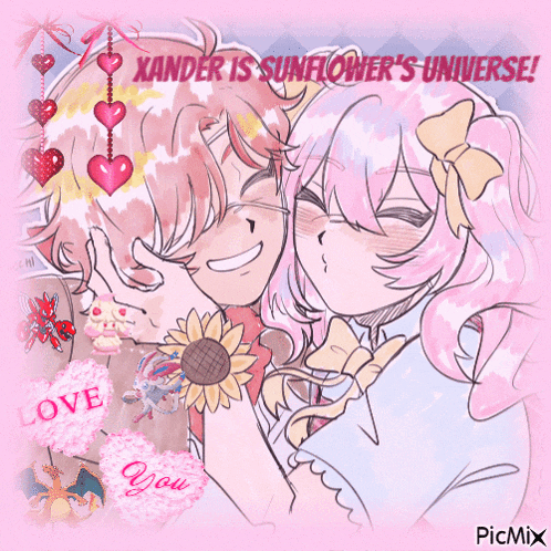 a drawing of a boy and a girl with the words xander is sunflower 's universe above them