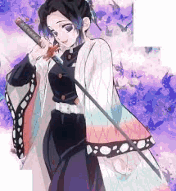 a girl in a butterfly costume is holding a sword in her hand .