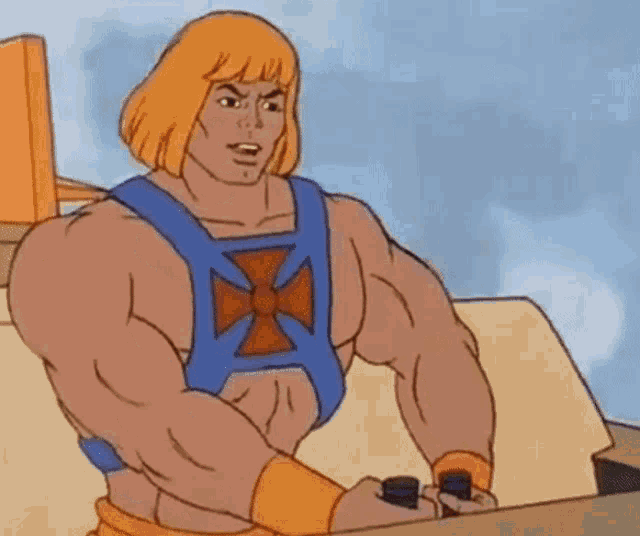 he man from the masters of the universe is wearing a blue vest with an orange cross on it .
