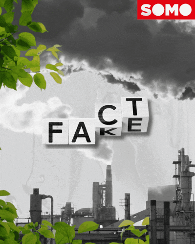 a picture of a factory with the words fact fake written on it