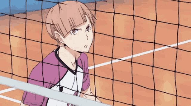 a volleyball player in a purple shirt is standing behind a volleyball net .