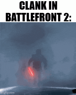 a picture of a man holding a red lightsaber with the caption clank in battlefront 2 .