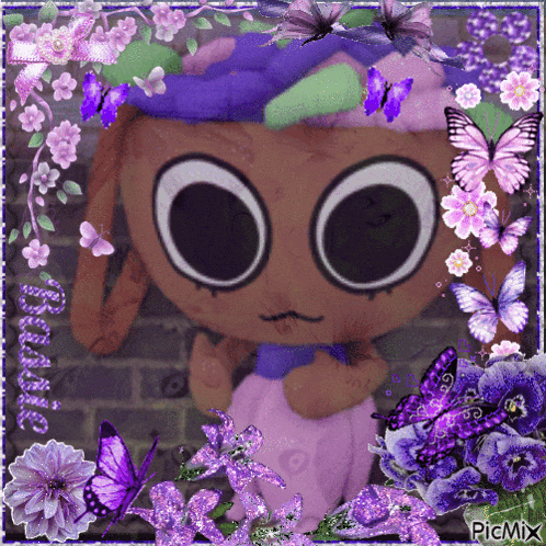 a picture of a stuffed animal surrounded by purple flowers and butterflies with picmix in the corner