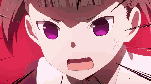 a close up of a girl 's face with purple eyes making an angry face