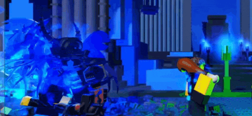 a man is standing in front of a building in a video game while a robot is attacking him .