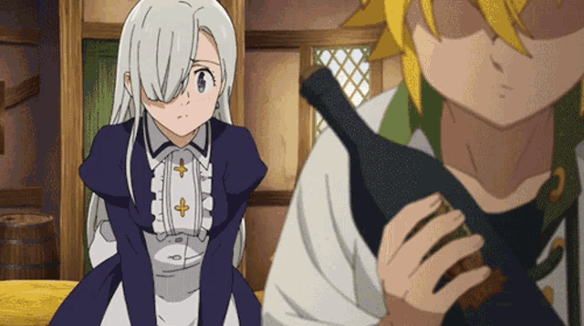 a girl in a maid outfit is standing next to a man holding a bottle of wine