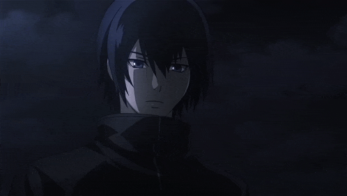 a close up of a black haired anime character