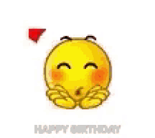 a happy birthday greeting card with a smiley face holding two hearts .