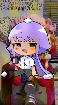 a cartoon of a girl with purple hair is sitting on a toaster oven