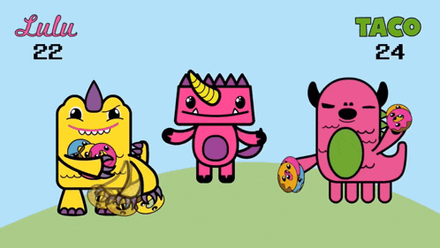 a cartoon of three monsters with lulu 22 taco 24 and lulu 22