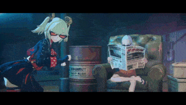 a man sits in a chair reading a newspaper next to a barrel that says dynamit on it