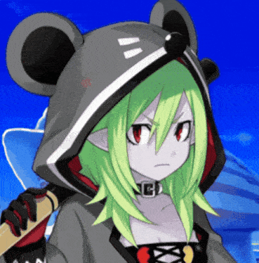 a girl with green hair is wearing a mouse hat with the letter c on it