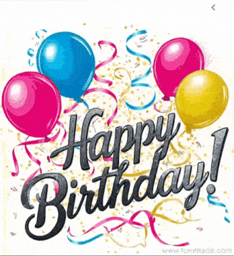 a happy birthday card with balloons and streamers