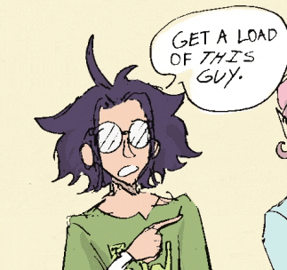 a cartoon drawing of a man with glasses pointing at another man who says get a load of this guy
