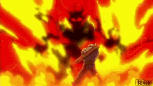 a man with a sword is standing in front of a huge fireball .