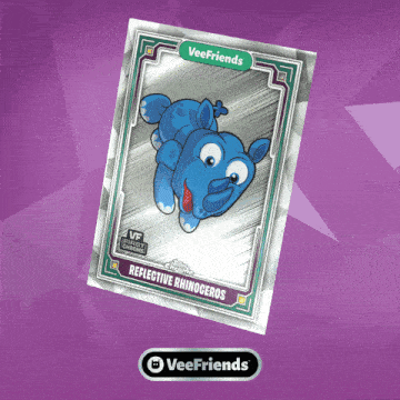 a veefriends card with a blue rhinoceros on a purple background