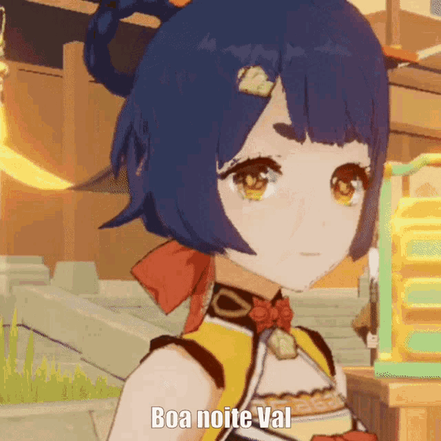 a blue haired anime girl with the words boa noite val written below her