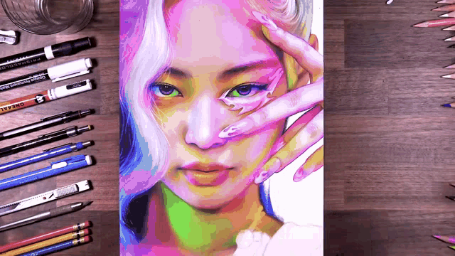 a drawing of a woman 's face surrounded by colored pencils