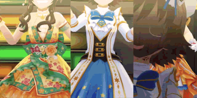 three anime characters are standing next to each other wearing different outfits .