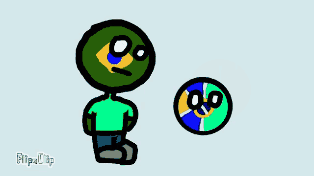 a cartoon character with a green shirt and a yellow and blue flag on his head is kneeling down next to a globe .