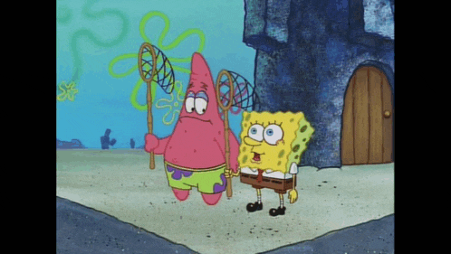 spongebob and patrick are holding fishing nets in a cartoon