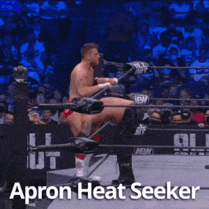 two men are wrestling in a wrestling ring and the words apron heat seeker are on the bottom of the screen .