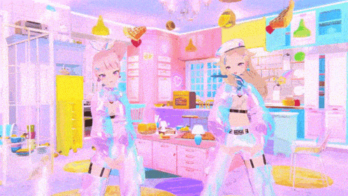 two anime girls are dancing in a kitchen with a yellow box that says ' chevrolet ' on it