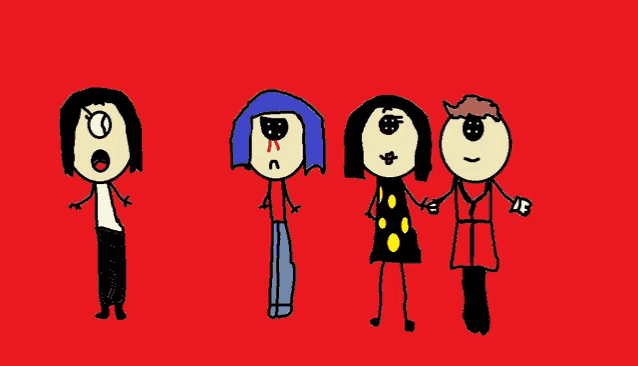 a drawing of four stick figures standing next to each other