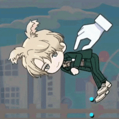 a cartoon character in a suit is being held up by a hand .