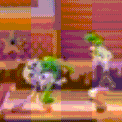 a blurred image of a video game with a green frog and a white dog