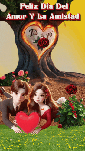 a couple laying in the grass with a heart and the words feliz dia del amor y la amistad