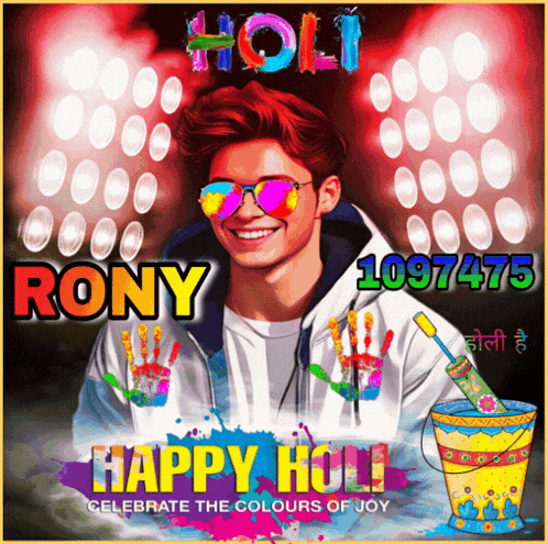 a poster that says happy holi with a man wearing sunglasses