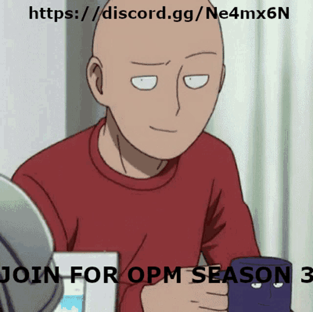 a man in a red shirt is holding a blue mug with the words join for opm season 3 at the bottom