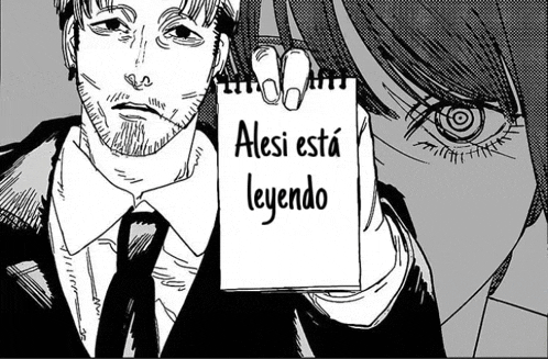 a black and white drawing of a man in a suit holding a piece of paper that says alesi esta leyendo