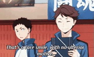 two anime characters are standing next to each other and one of them says that 's a fare smile with no ulterior motive .