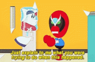 a cartoon of a water dispenser and a superhero talking