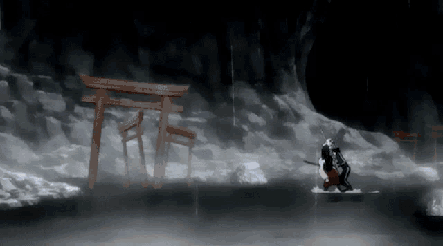 a samurai with a sword in a dark cave