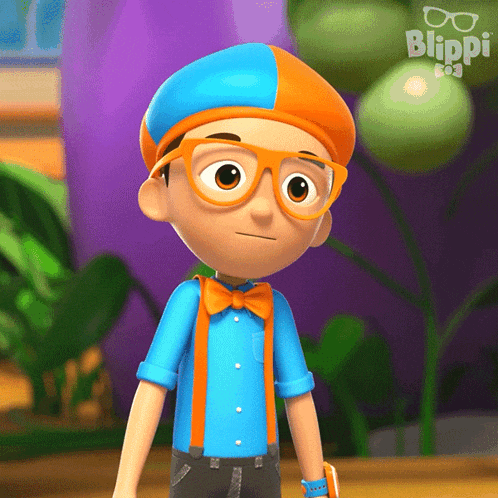 a cartoon character named blippi is wearing glasses and a blue shirt