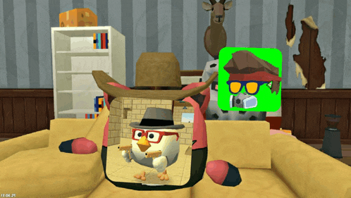 a cartoon chicken wearing a cowboy hat and glasses