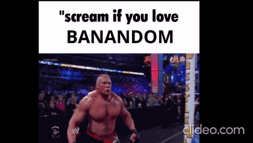 a video of a wrestler with the words " scream if you love banandom "