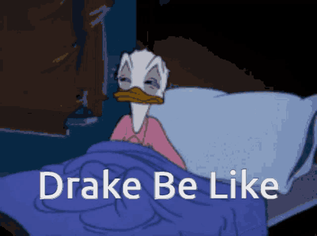 donald duck is laying in bed with the words drake be like