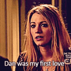 a woman says " dan was my first love " in a close up of her face