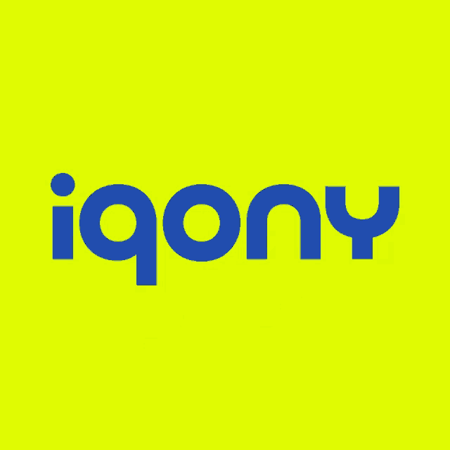 a yellow background with blue letters that say iqony