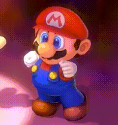 a close up of a cartoon character wearing a red hat with a m on it
